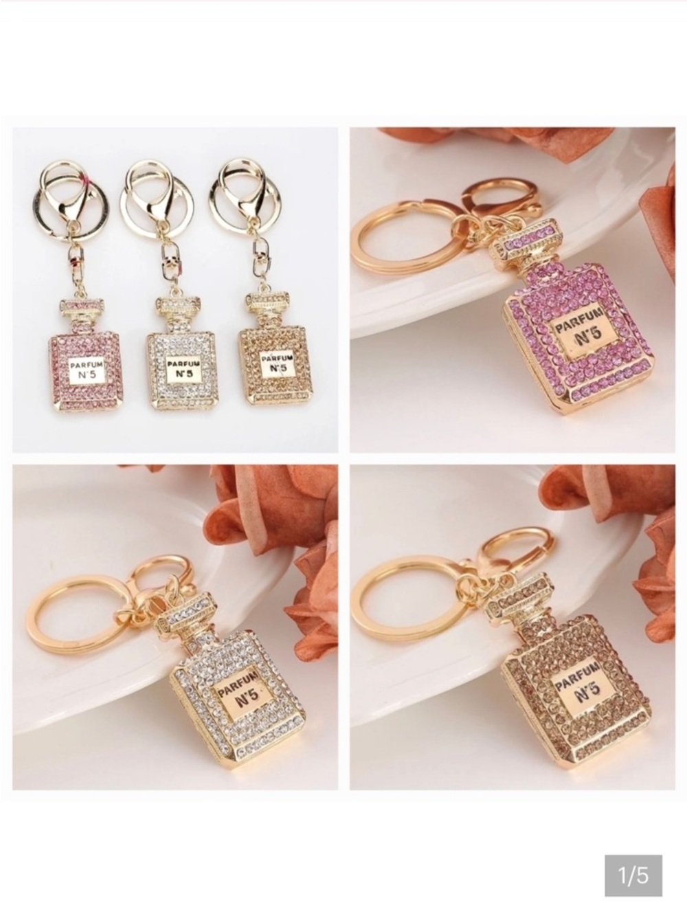 Crystal Perfume Bottle Bag Charm Keychain Pick 1 Pink, Gold, or Silver